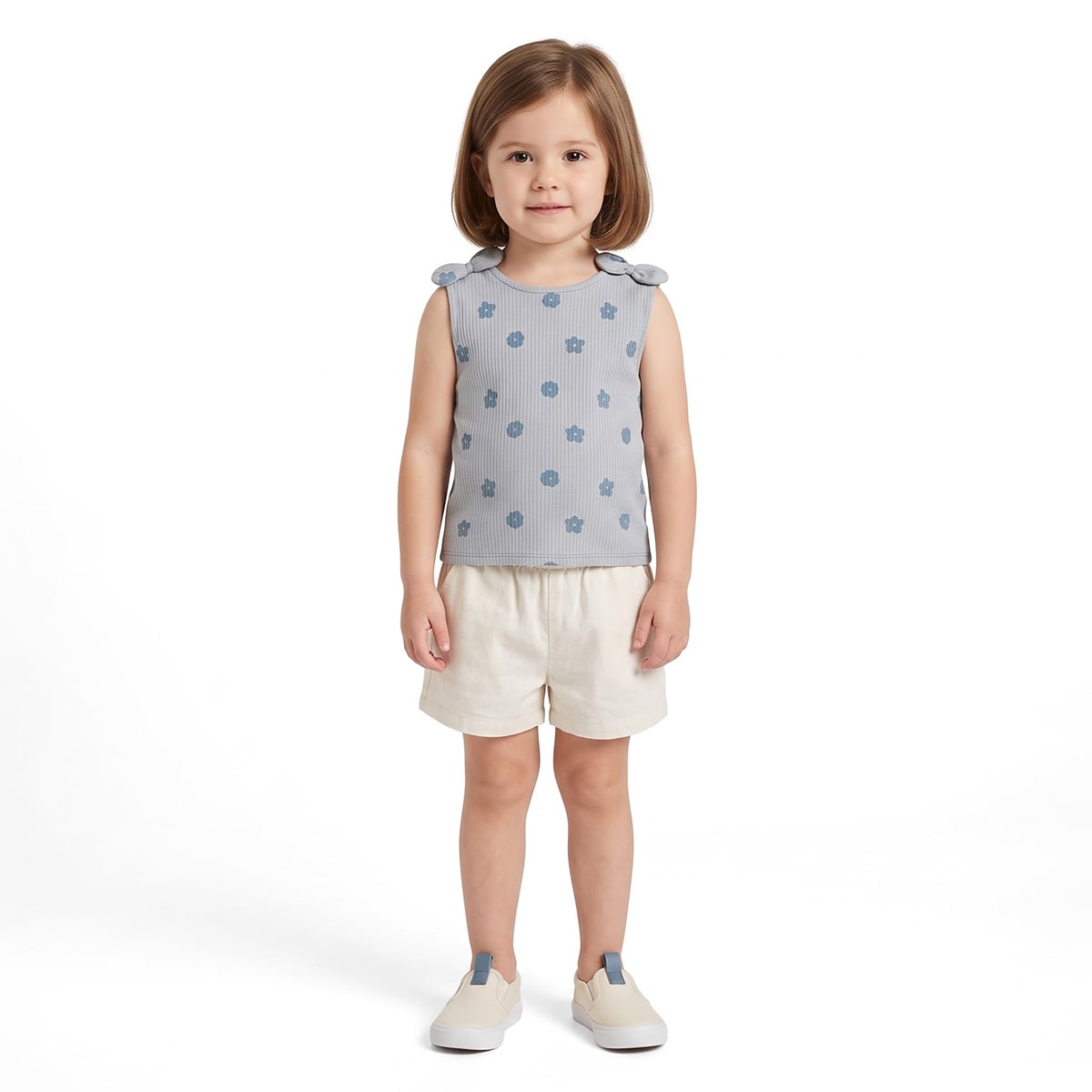 Girls Grey Cotton Blue Floral Top Regular Fit Casual Wear