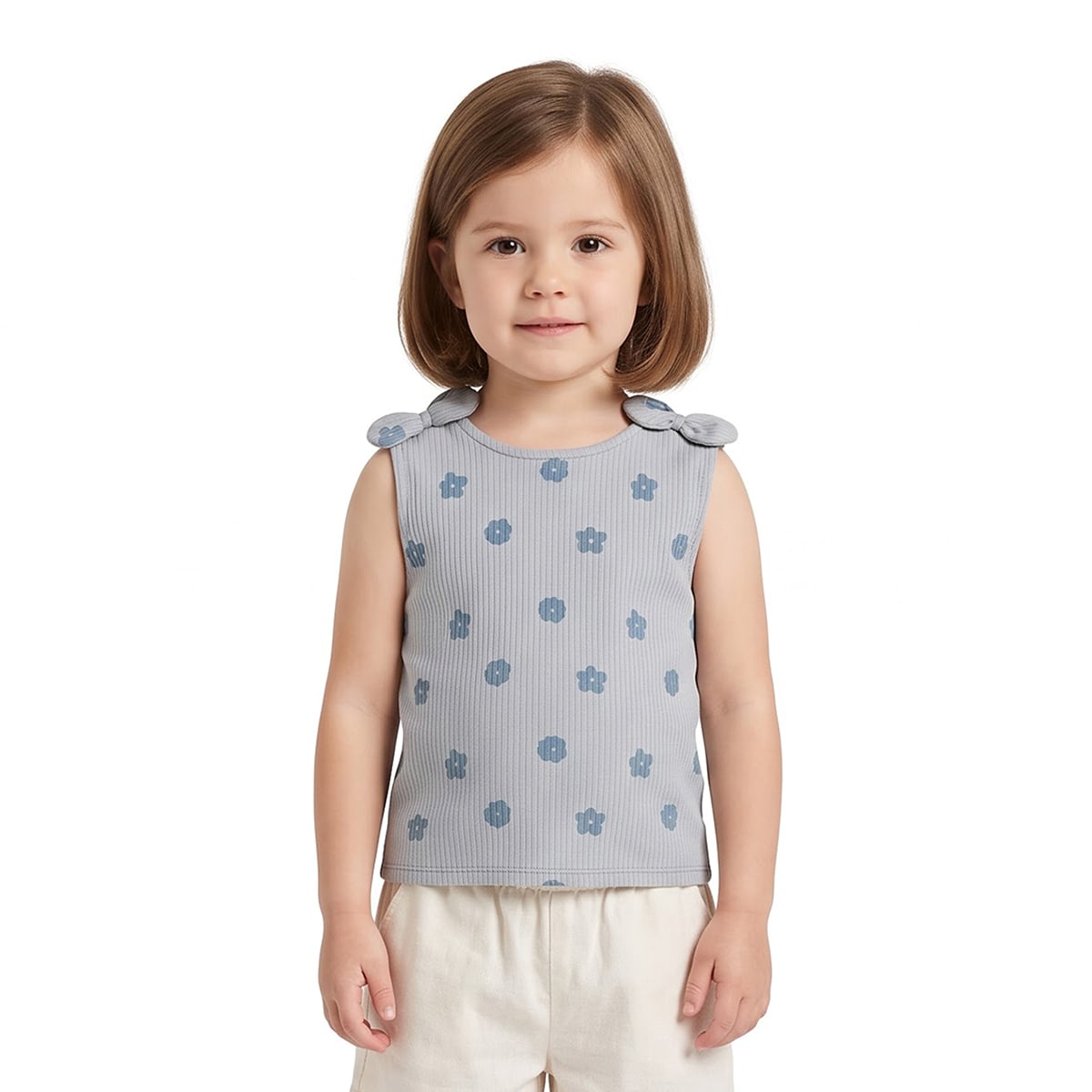 Girls Grey Cotton Blue Floral Top Regular Fit Casual Wear