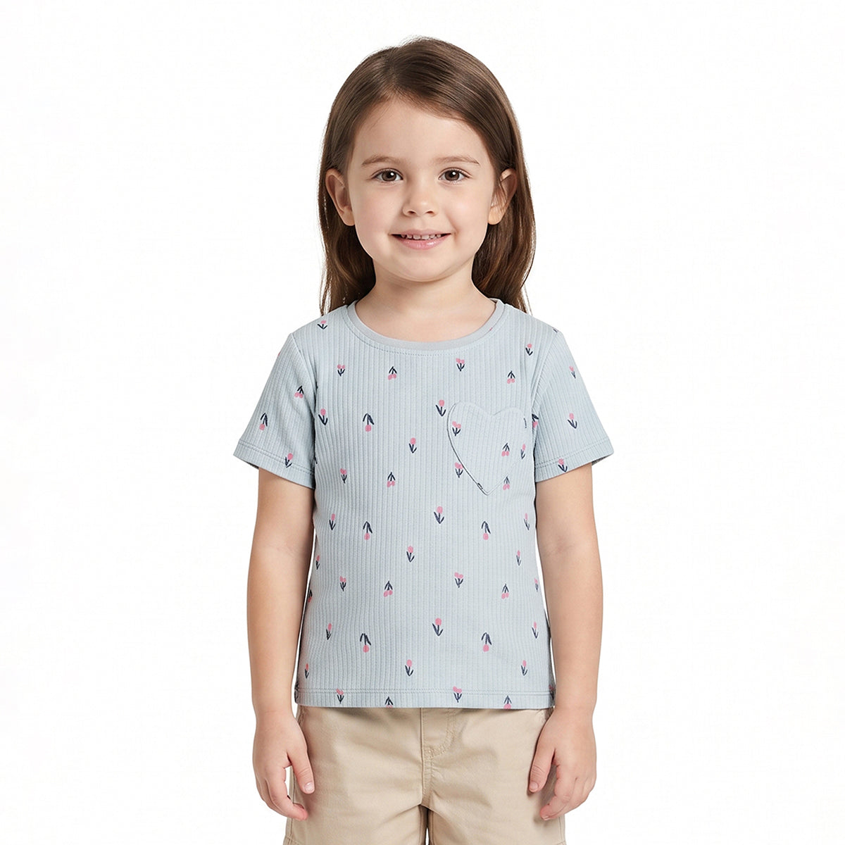 Girls Light Blue Cotton Printed T-Shirt Regular Fit Casual Wear