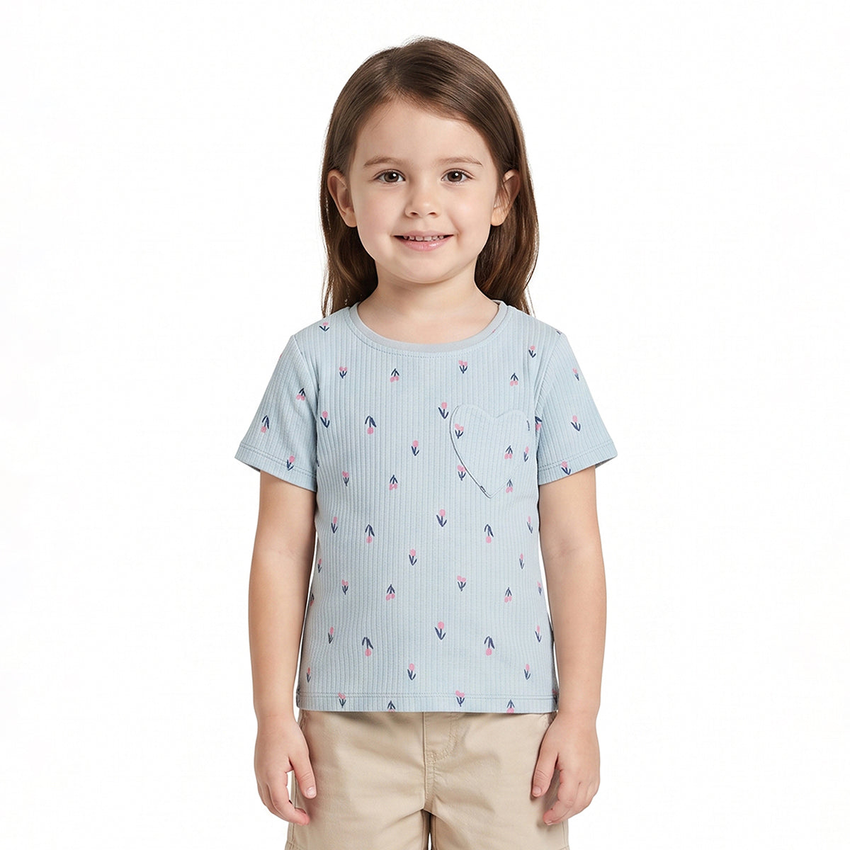 Girls Light Blue Cotton Printed T-Shirt Regular Fit Casual Wear