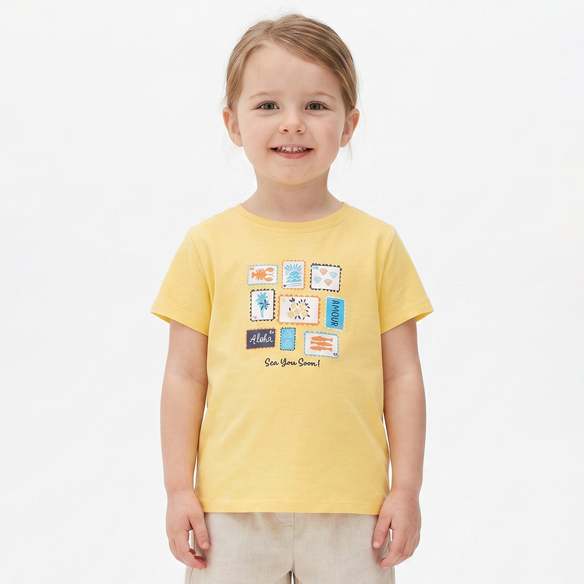 Girls Yellow Cotton Printed T-Shirt Regular Fit Casual Wear