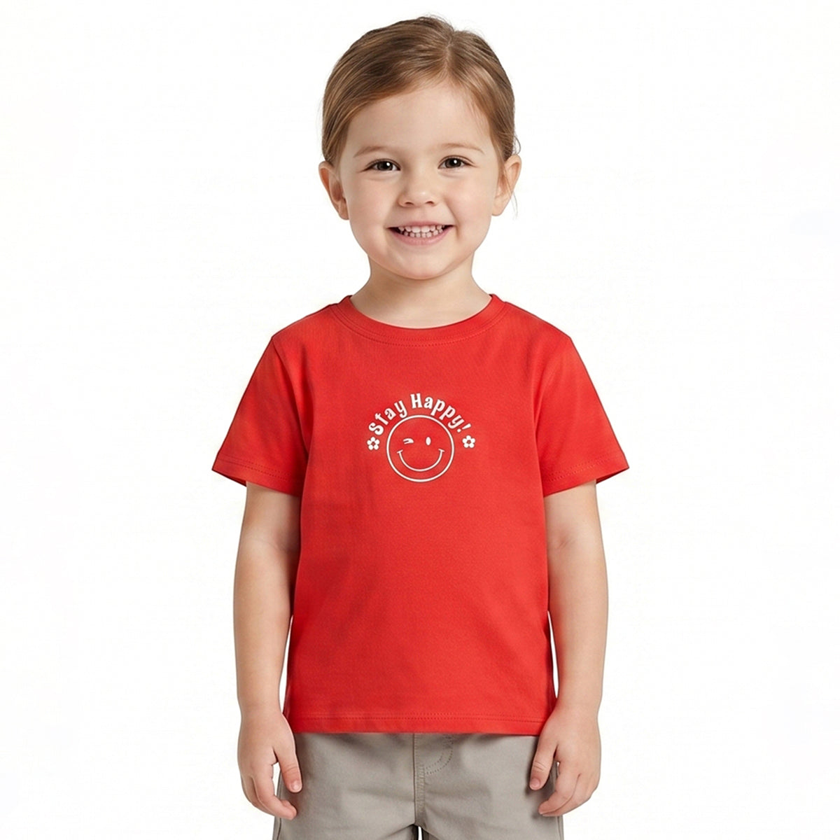 Baby Girls Red Smiley Graphic Print T-Shirt Regular Fit Casual Kids T-Shirt