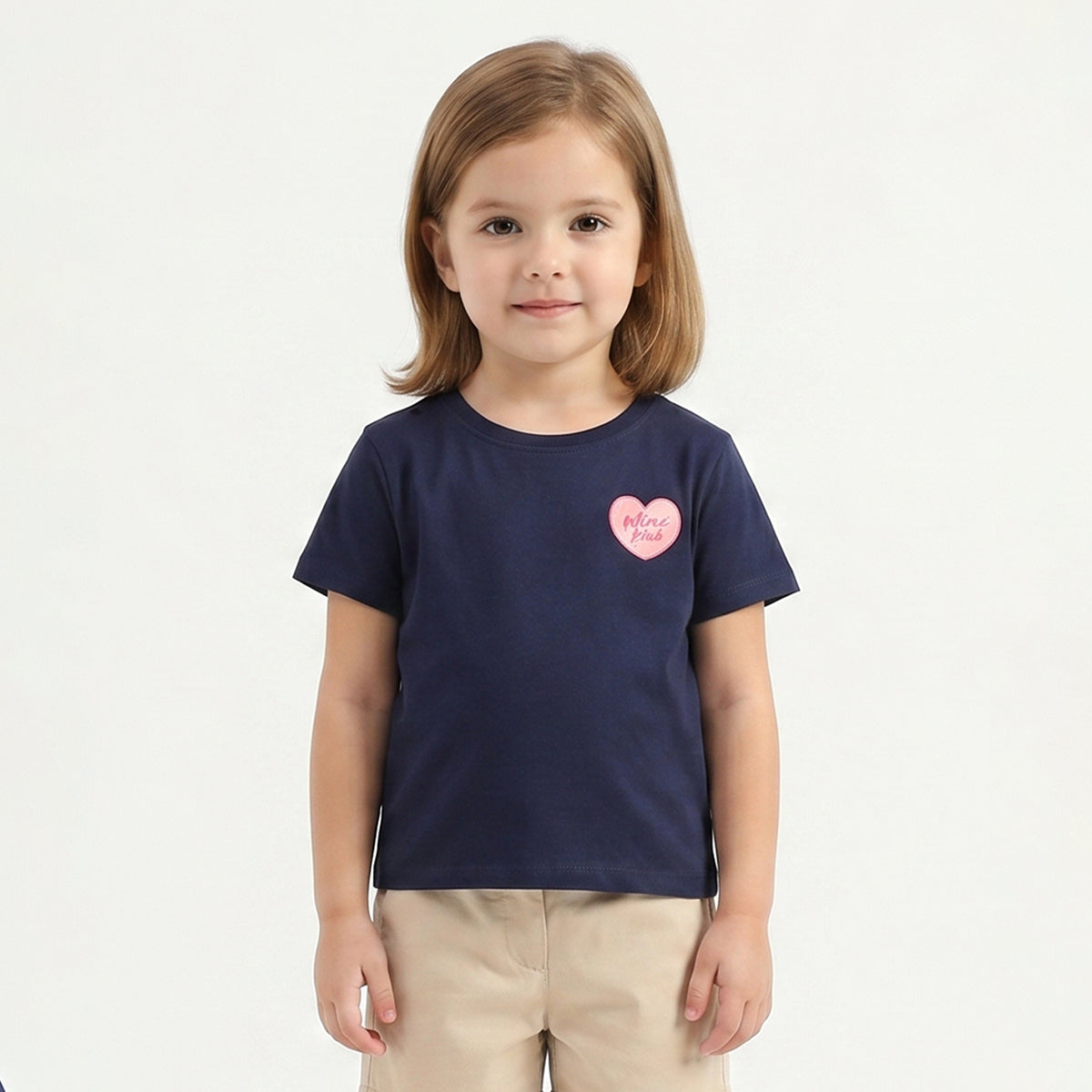 Baby Girls Navy Blue Heart Print T-Shirt Regular Fit Casual Kids T-Shirt