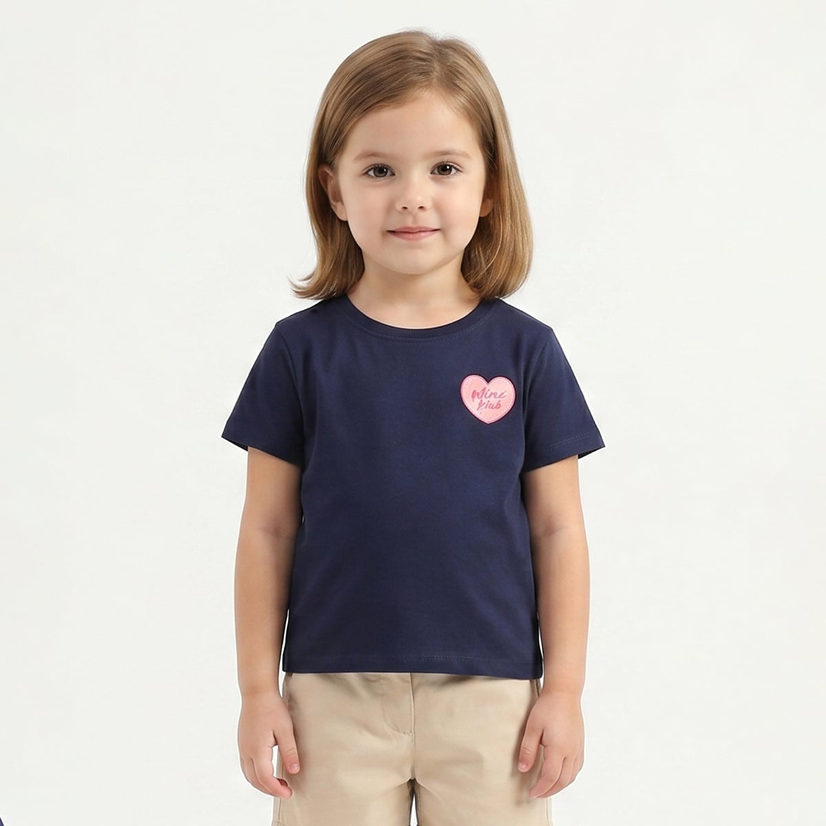 Baby Girls Navy Blue Heart Print T-Shirt Regular Fit Casual Kids T-Shirt