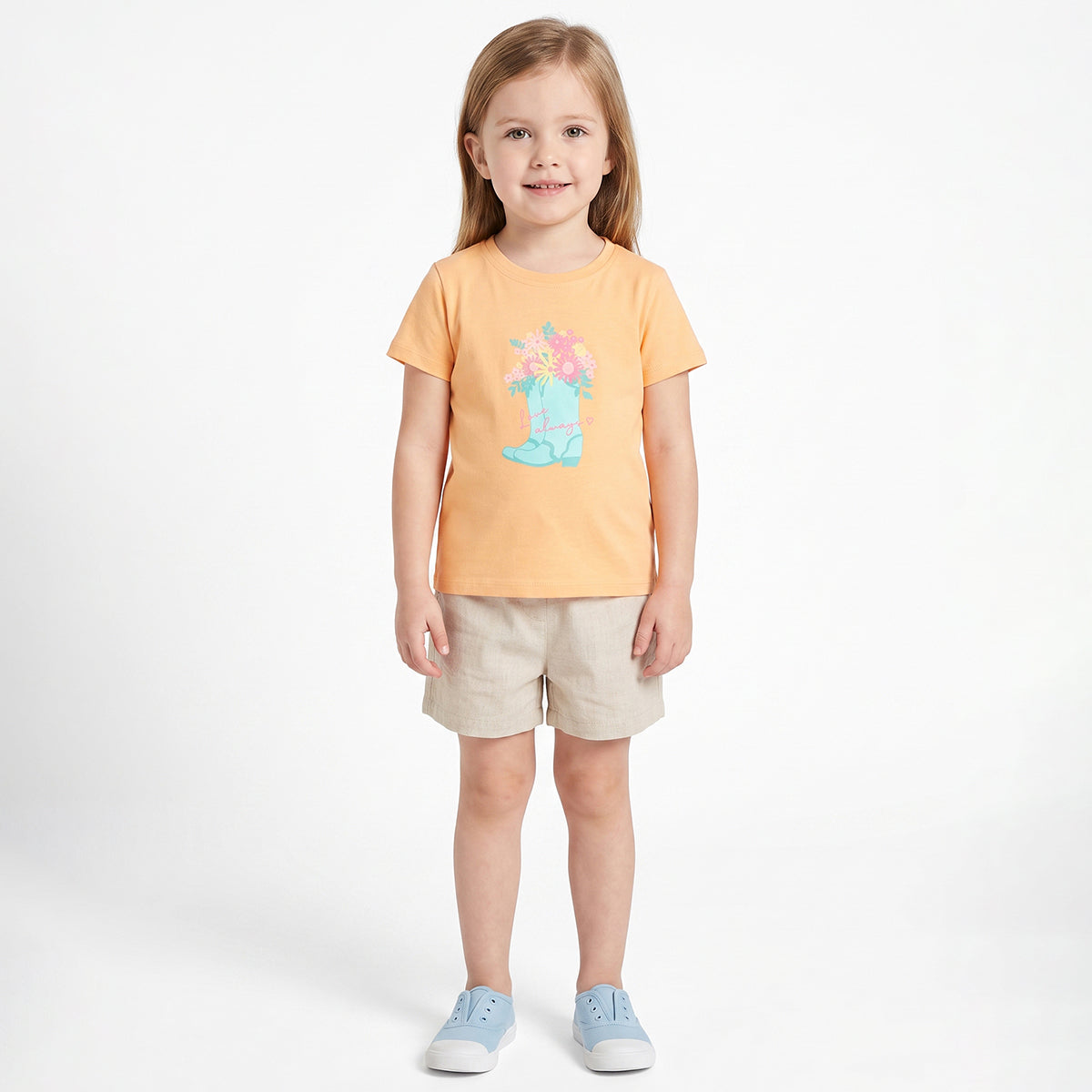 Baby Girls Peach Cotton Printed T-Shirt Regular Fit Casual Wear