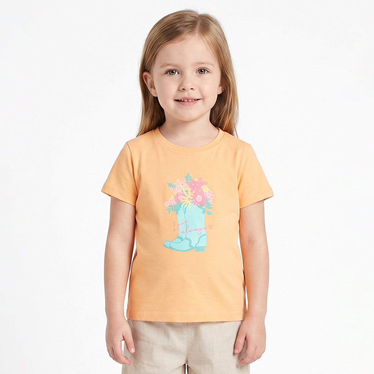 Baby Girls Peach Cotton Printed T-Shirt Regular Fit Casual Wear