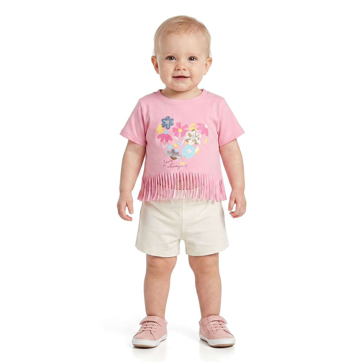 Kids Girls Graphic Print T-Shirt with Fringe Detail, Pink