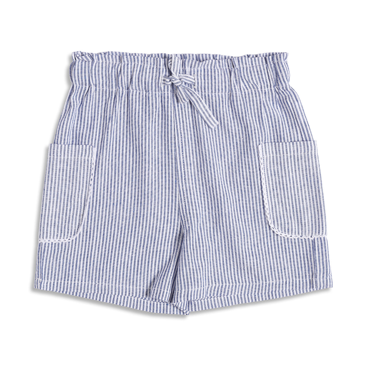 Girls Blue and White Striped Cotton Shorts with Paperbag Waist Casual Kids Shorts