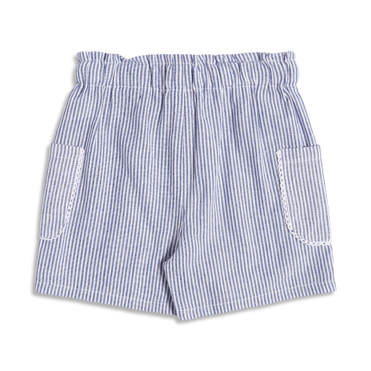 Girls Blue and White Striped Cotton Shorts with Paperbag Waist Casual Kids Shorts