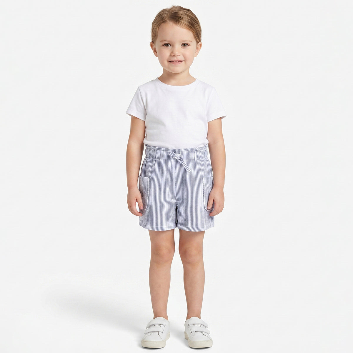 Girls Blue and White Striped Cotton Shorts with Paperbag Waist Casual Kids Shorts