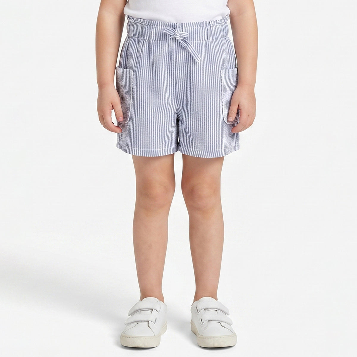 Girls Blue and White Striped Cotton Shorts with Paperbag Waist Casual Kids Shorts