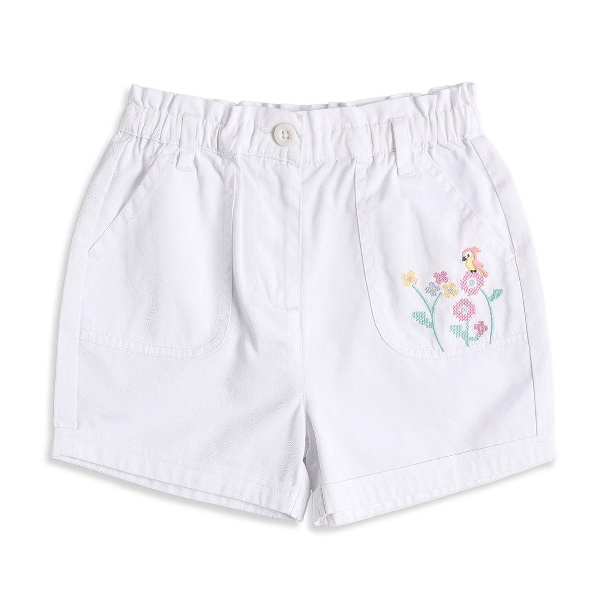 Baby Girls White Embroidered Cotton Shorts Regular Fit Casual Summer Shorts