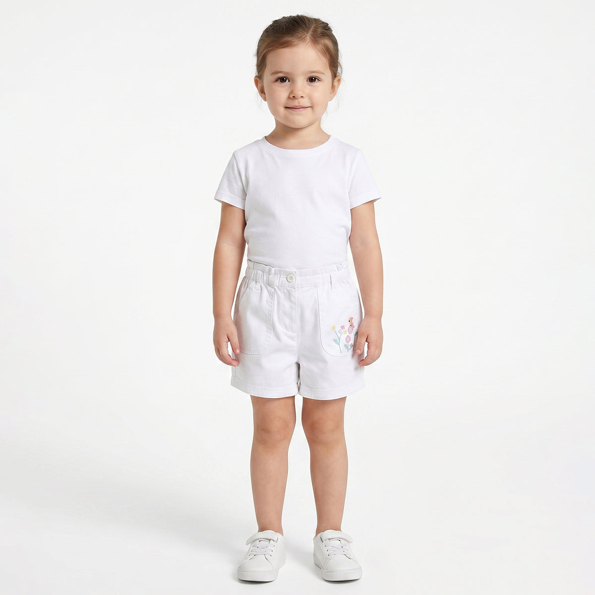 Baby Girls White Embroidered Cotton Shorts Regular Fit Casual Summer Shorts