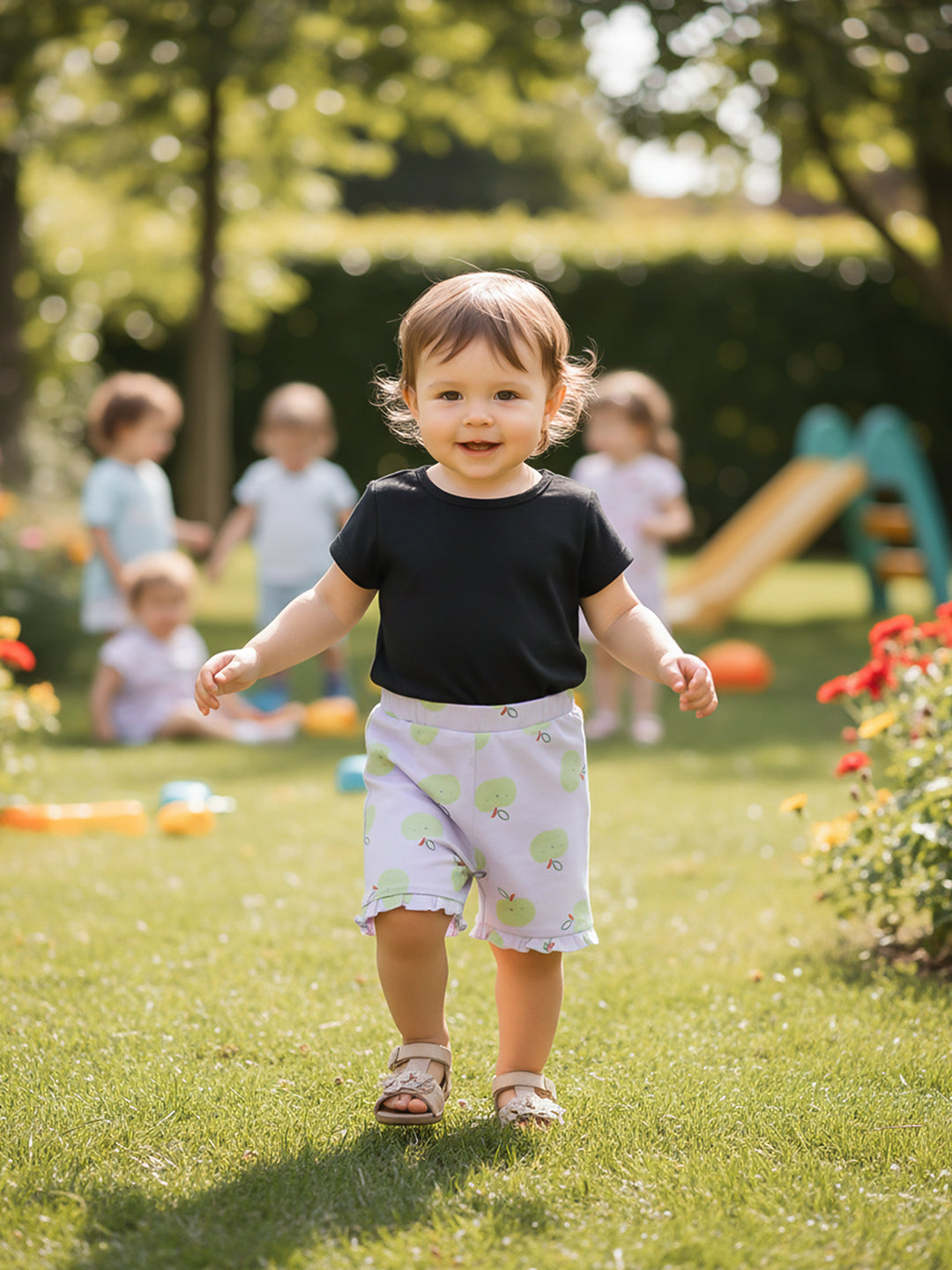 Kids Girls Apple Print Shorts, Purple