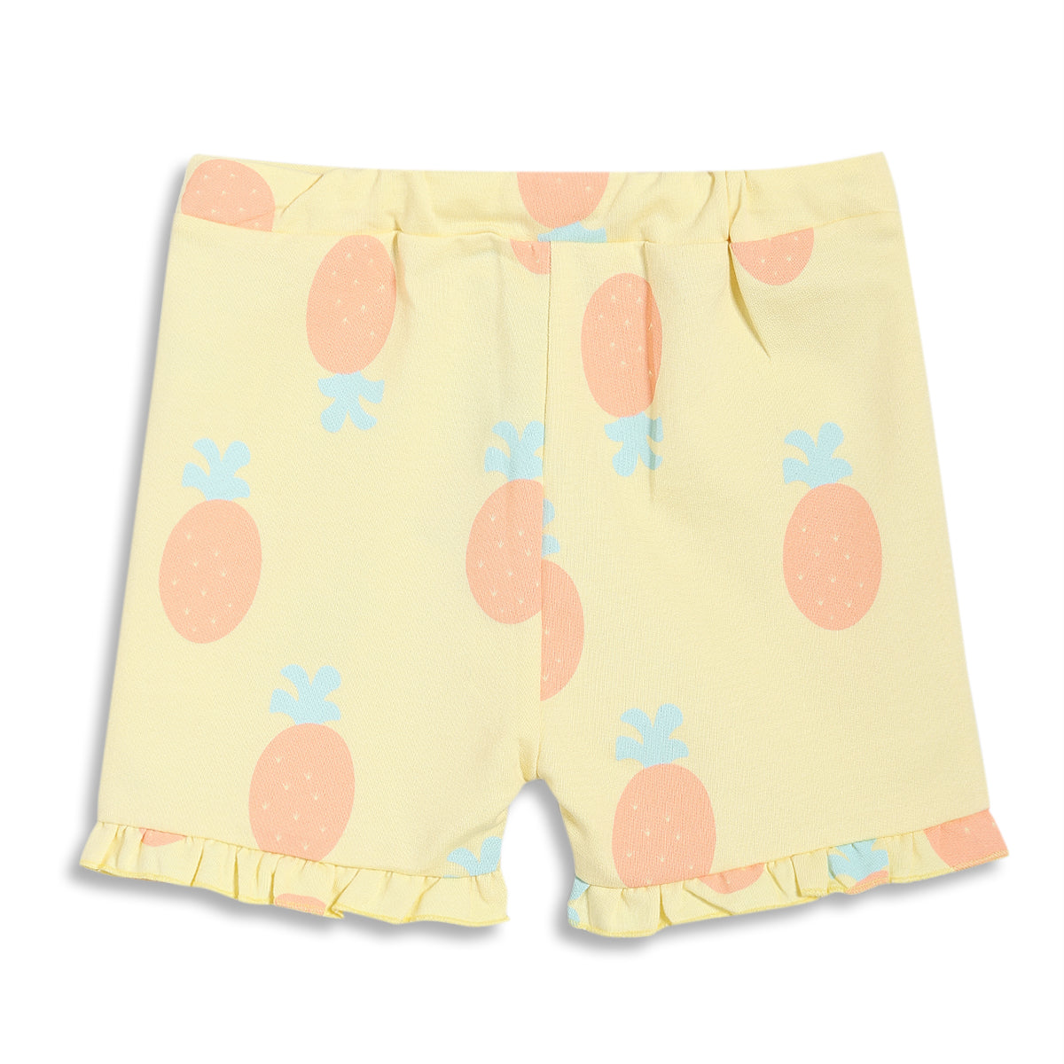 Girls All-Over Pineapple Print Knit Shorts with Ruffled Hem, Yellow