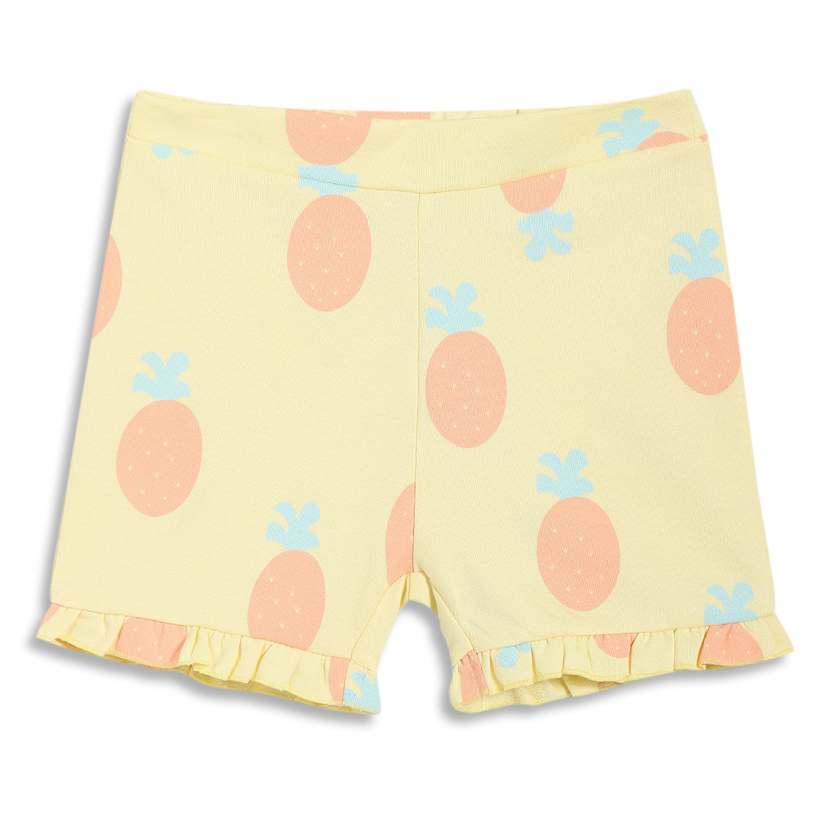 Girls All-Over Pineapple Print Knit Shorts with Ruffled Hem, Yellow