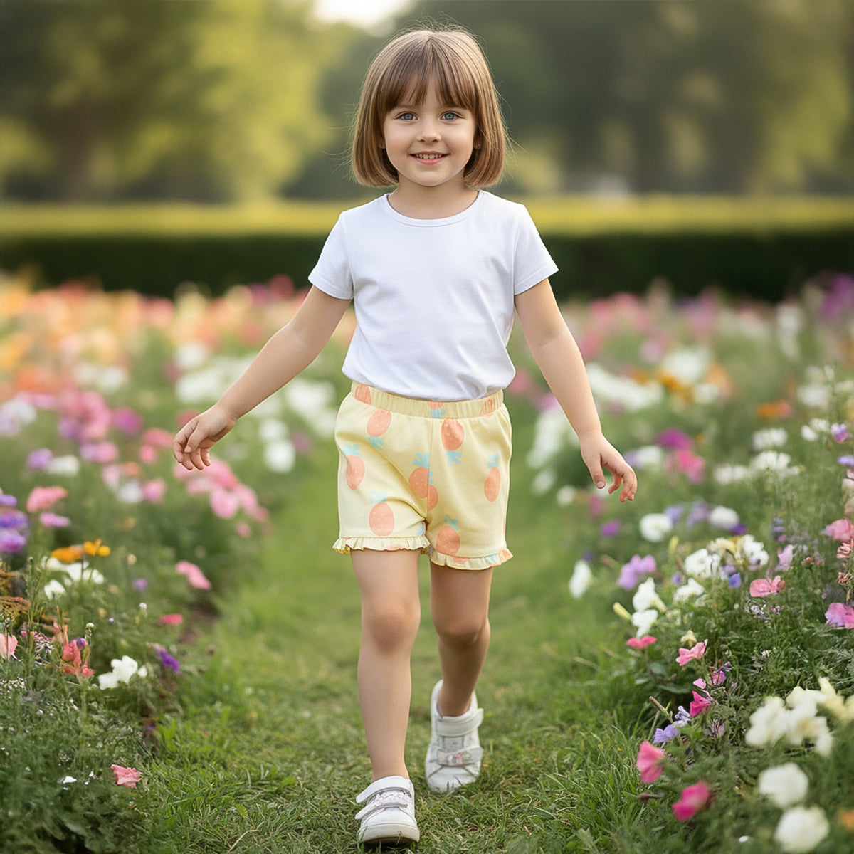 Girls All-Over Pineapple Print Knit Shorts with Ruffled Hem, Yellow