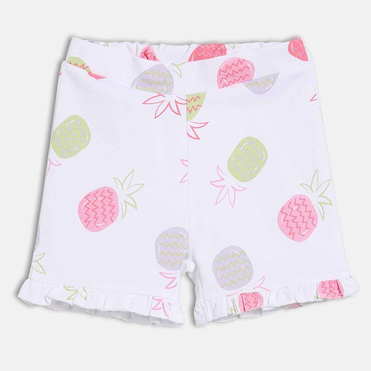 Girls All-Over Pineapple Print Knit Shorts with Ruffled Hem, White