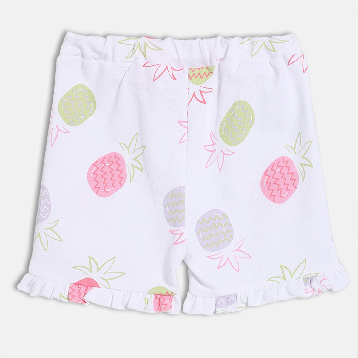 Girls All-Over Pineapple Print Knit Shorts with Ruffled Hem, White