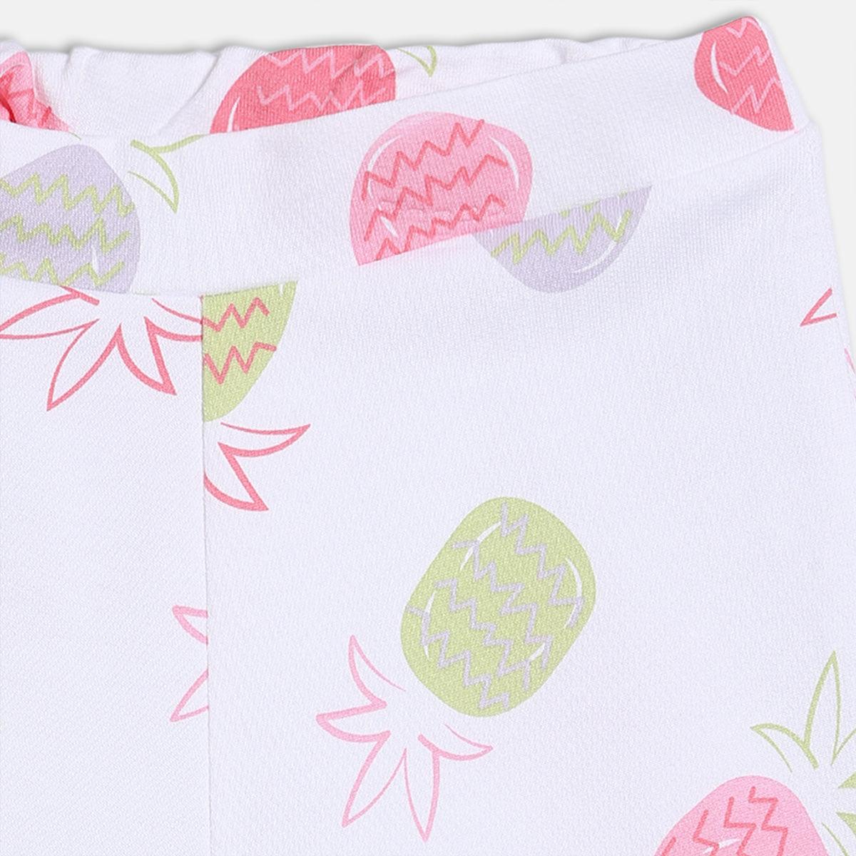 Girls All-Over Pineapple Print Knit Shorts with Ruffled Hem, White