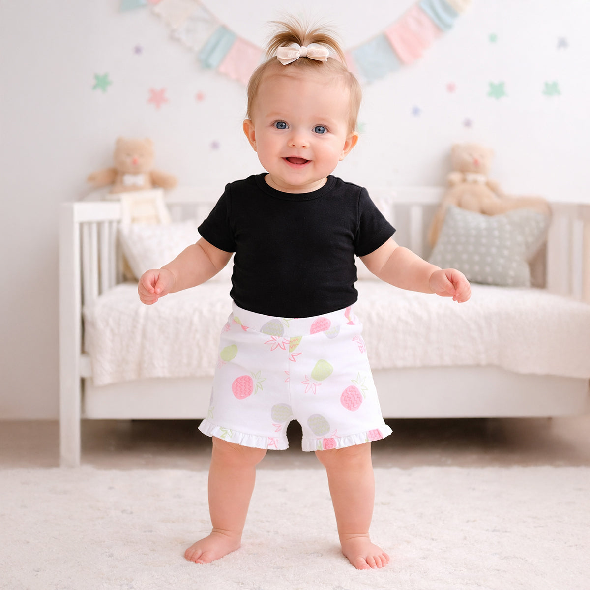 Girls All-Over Pineapple Print Knit Shorts with Ruffled Hem, White