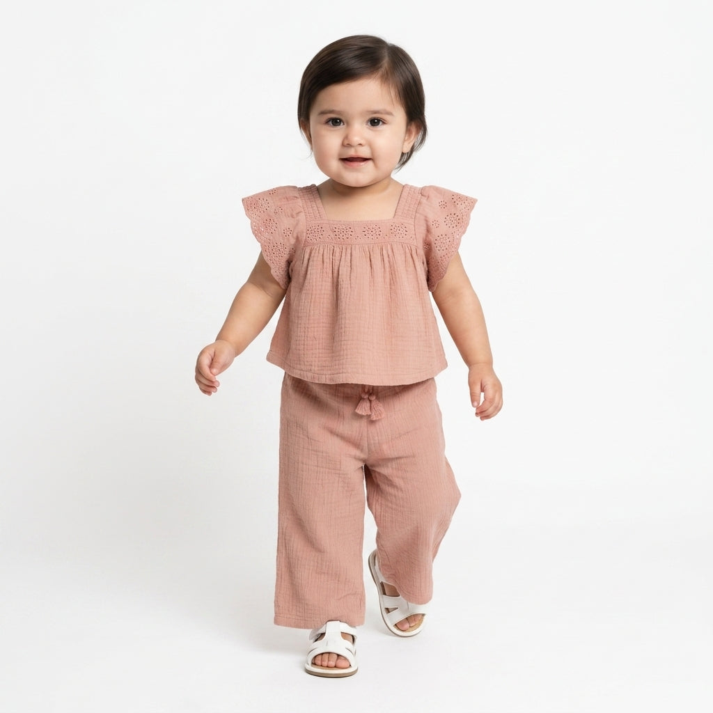 Girls Solid Top and Palazzo Pants Set, Peach