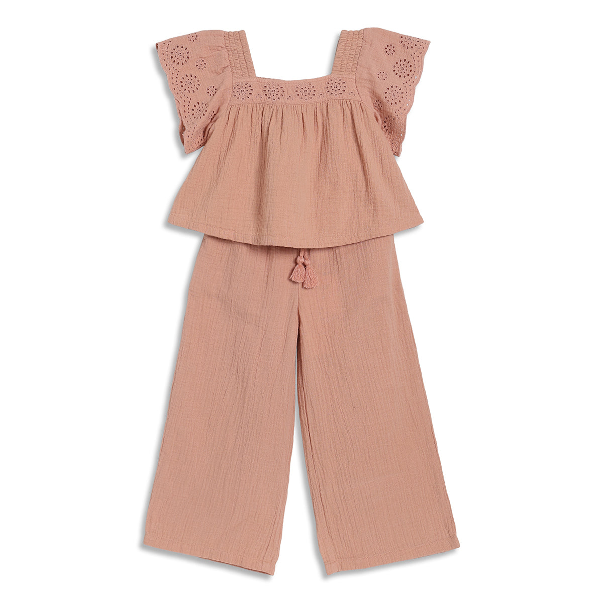 Girls Solid Top and Palazzo Pants Set, Peach