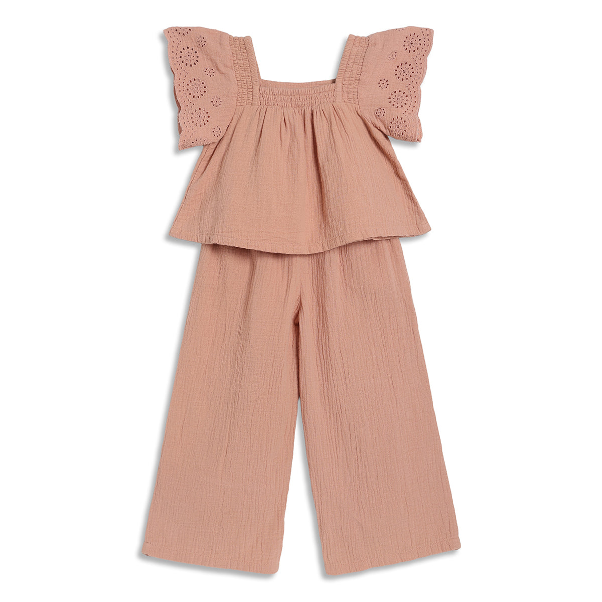Girls Solid Top and Palazzo Pants Set, Peach