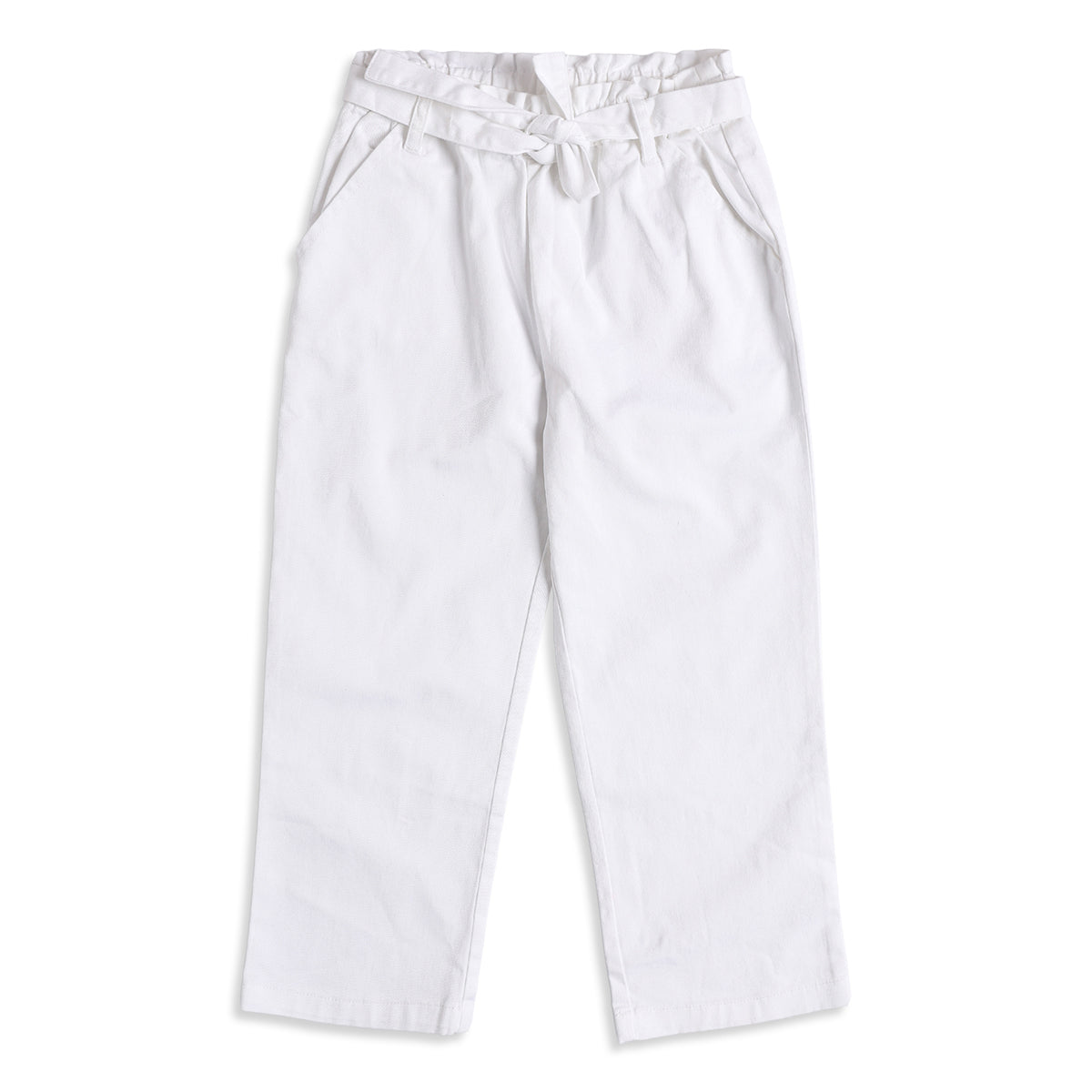 Baby Girls White Solid Paperbag Waist Wide Leg Casual Pants