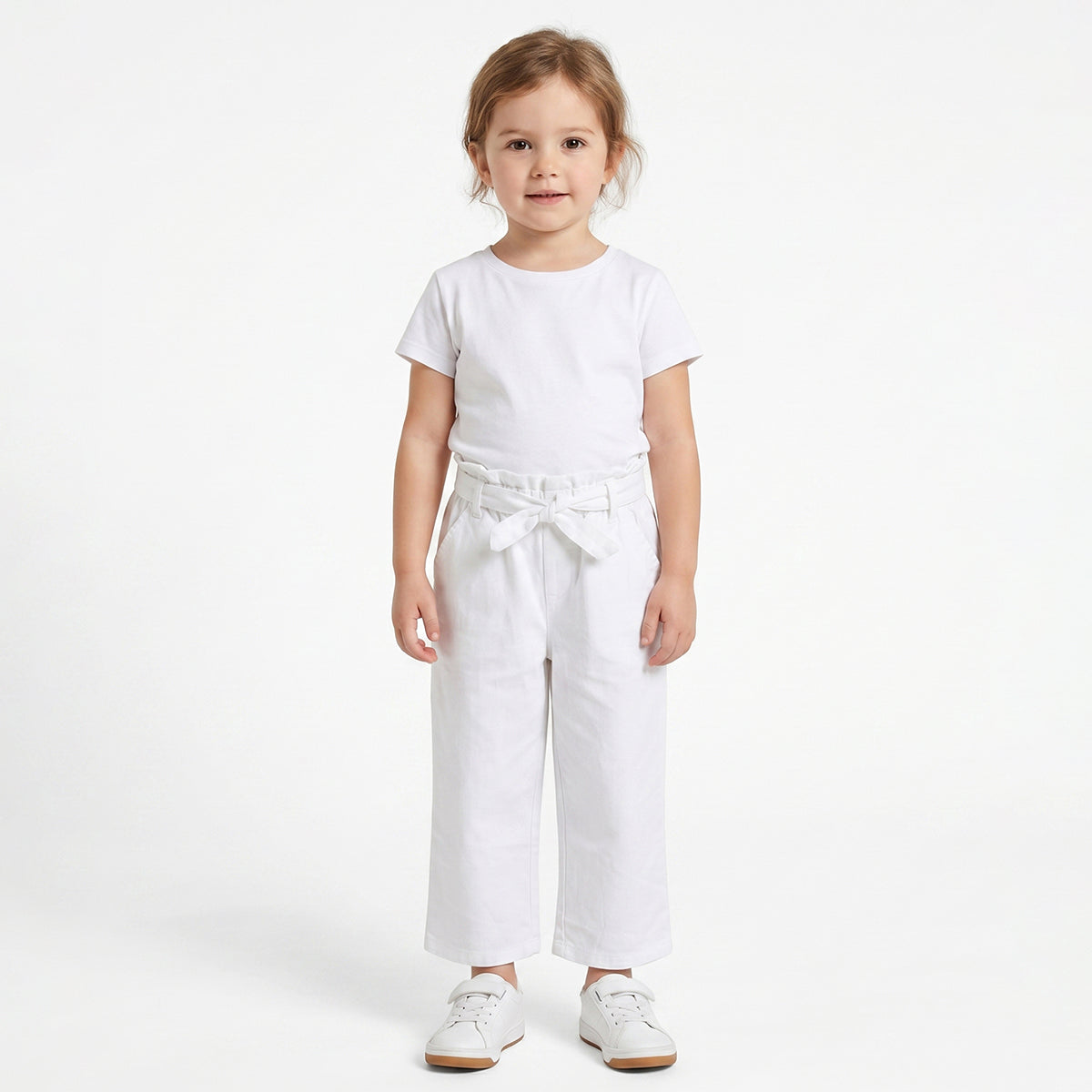 Baby Girls White Solid Paperbag Waist Wide Leg Casual Pants