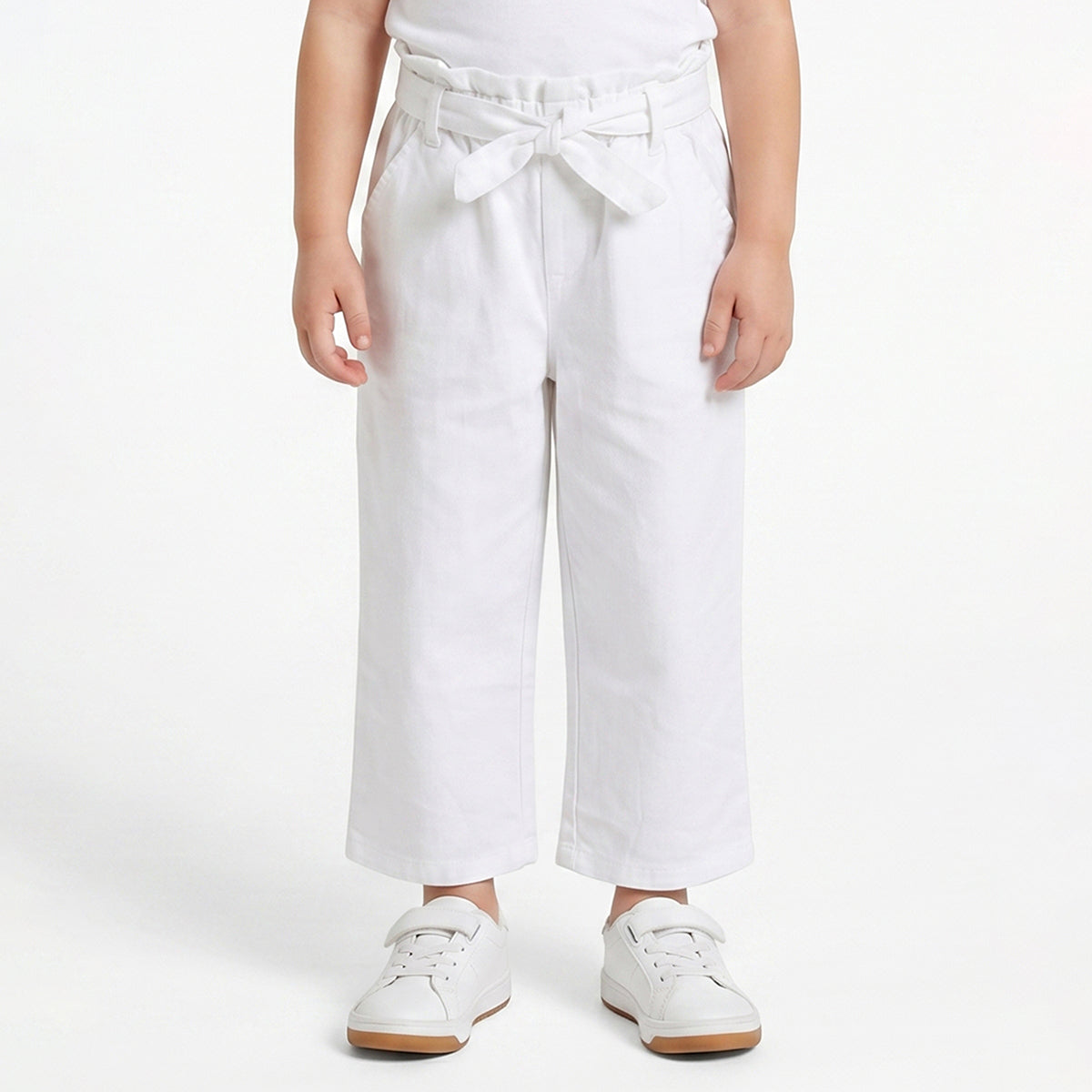 Baby Girls White Solid Paperbag Waist Wide Leg Casual Pants