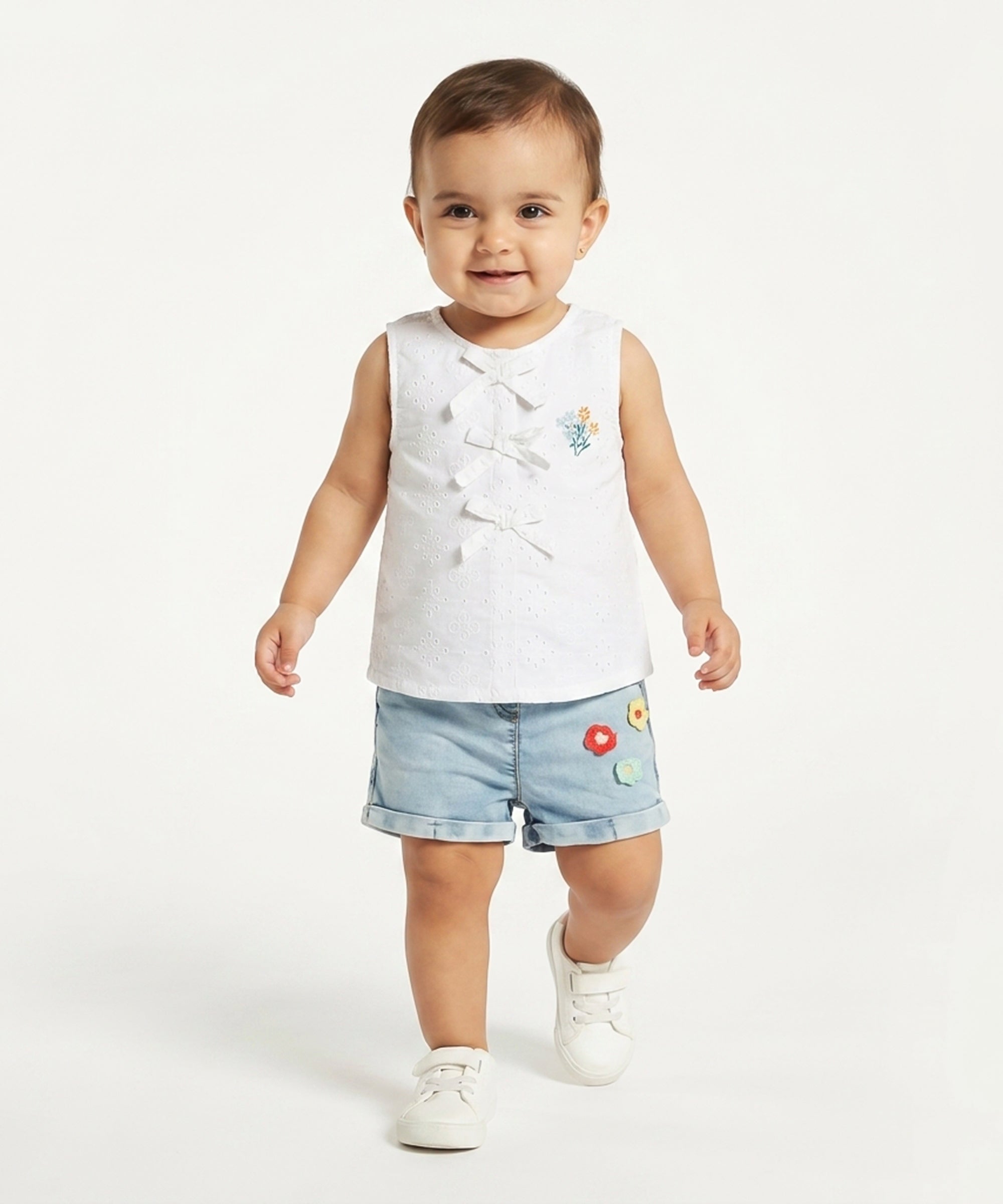 Girls Floral Embroidered Top, White