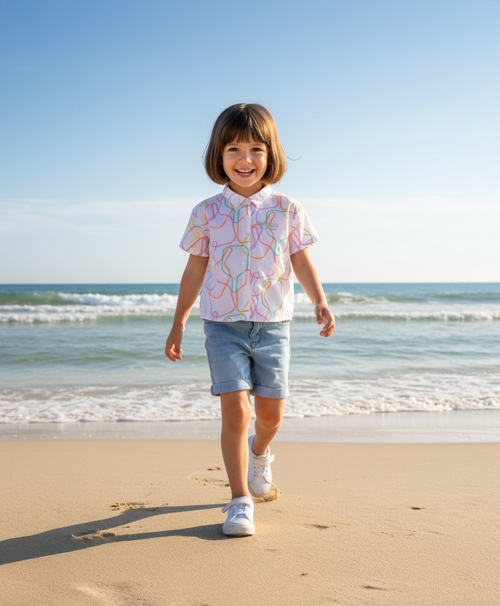 Girls Abstract Line Print Woven Top, White