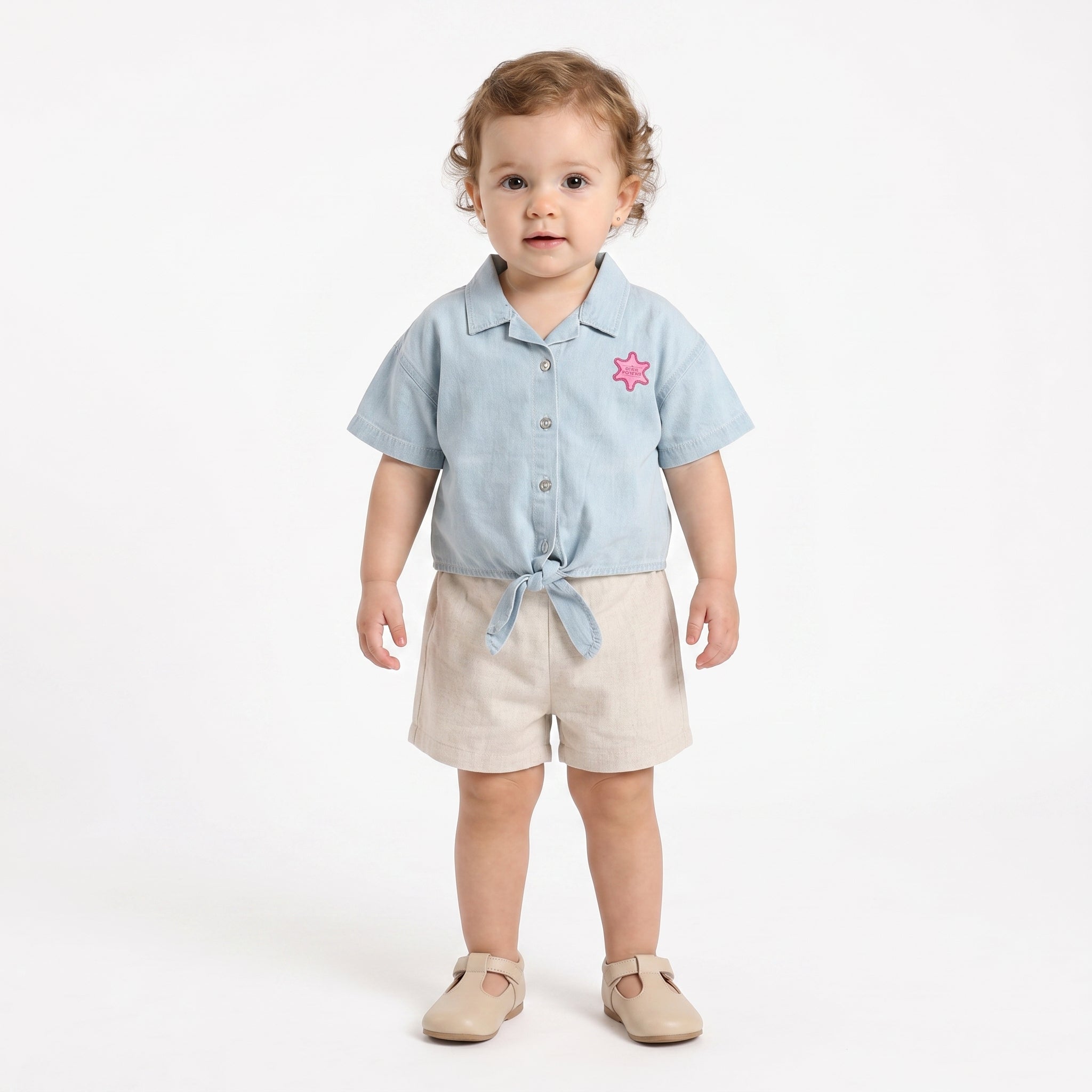 Girls Floral Print Denim Top, Light Blue