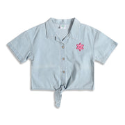 Girls Floral Print Denim Top, Light Blue