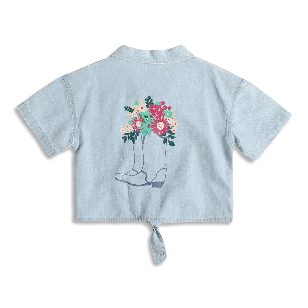 Girls Floral Print Denim Top, Light Blue