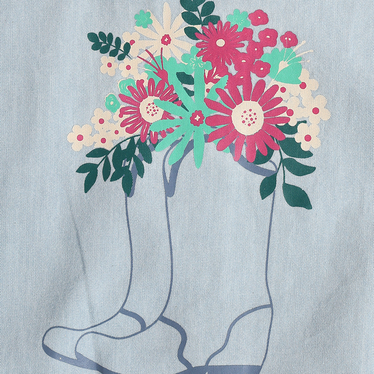Girls Floral Print Denim Top, Light Blue