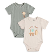 Baby Boys Sage Green & Beige Printed Cotton Bodysuit Pack of 2 Regular Fit Casual Bodysuits