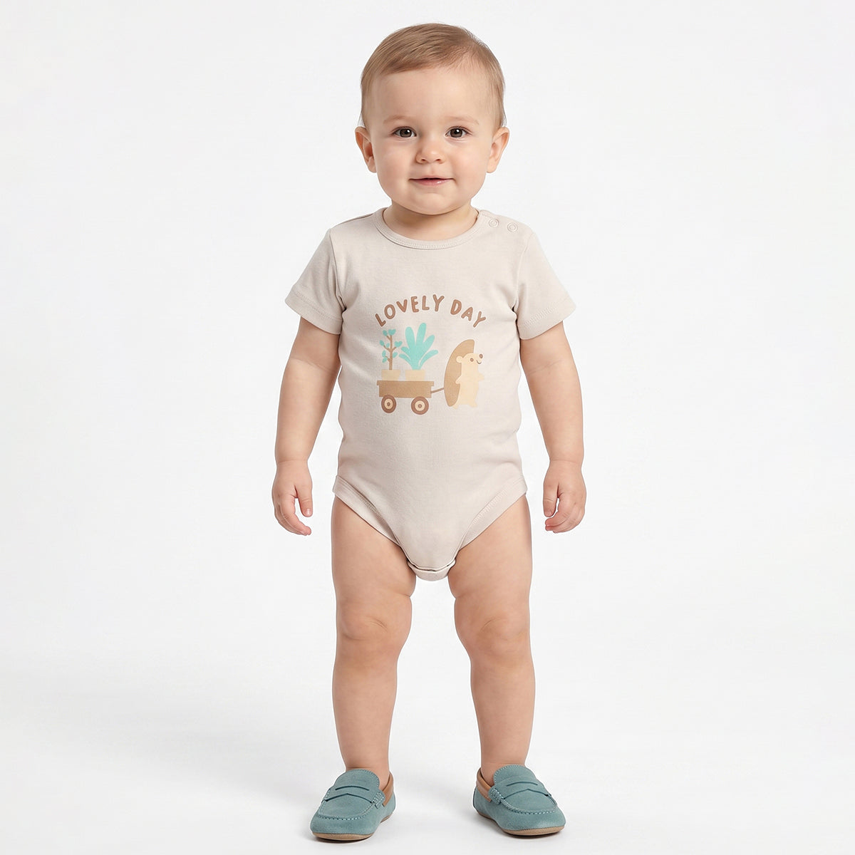 Baby Boys Sage Green & Beige Printed Cotton Bodysuit Pack of 2 Regular Fit Casual Bodysuits