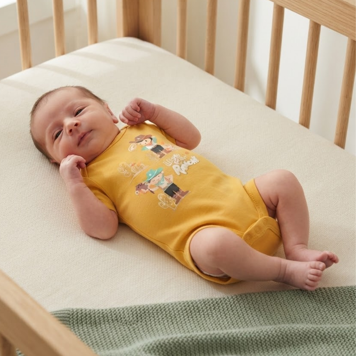 Baby Boys Mustard Yellow Cotton Cowboy Graphic Bodysuit Regular Fit Casual Wear
