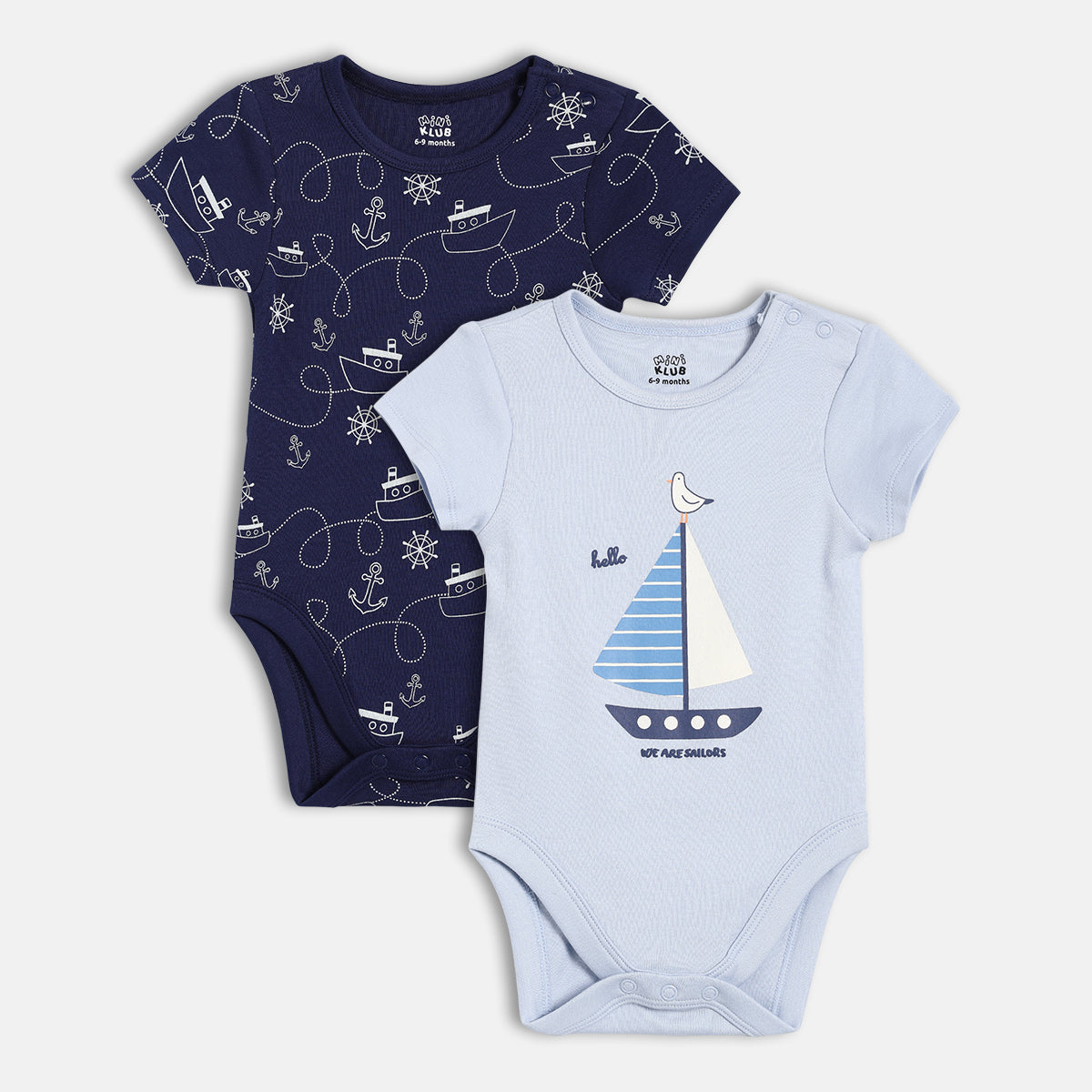 Baby Boys Nautical Print Bodysuits Pack of 2, Navy Blue and Light Blue