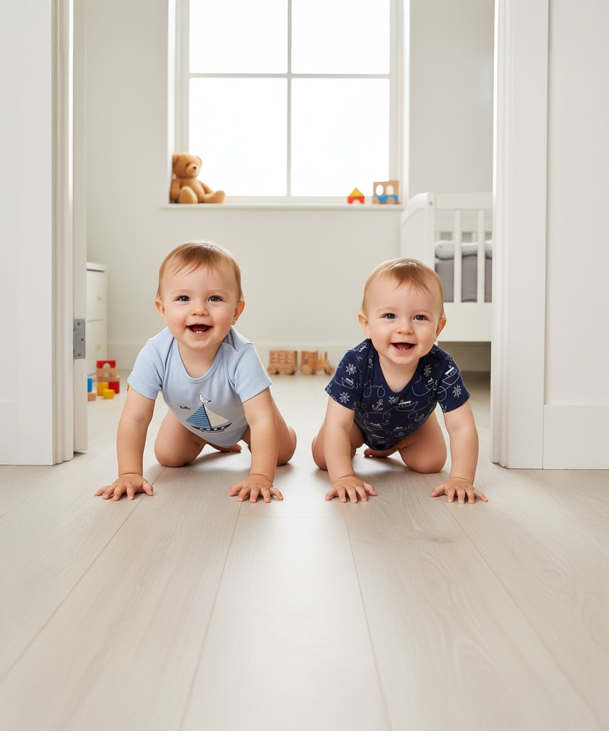 Baby Boys Nautical Print Bodysuits Pack of 2, Navy Blue and Light Blue