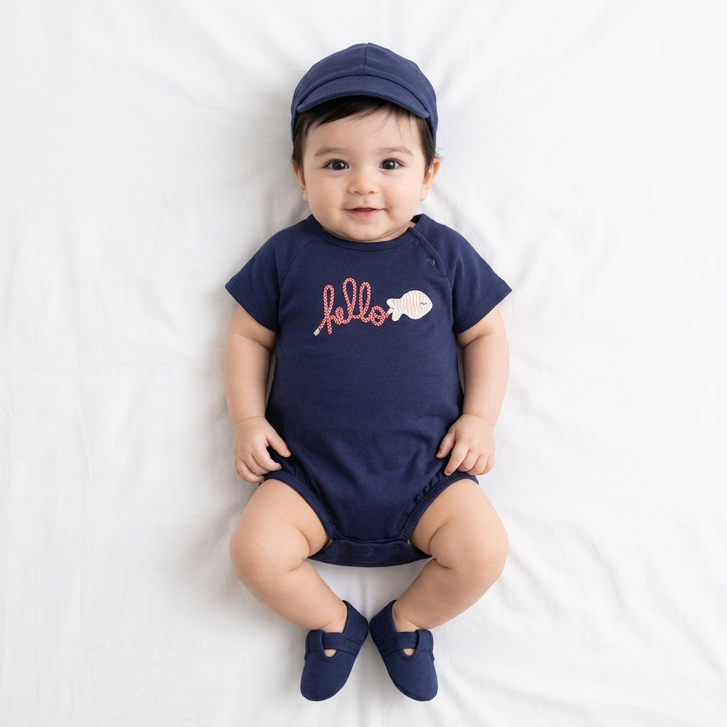 Baby Boys Embroidered Bodysuit Set with Cap, Navy Blue