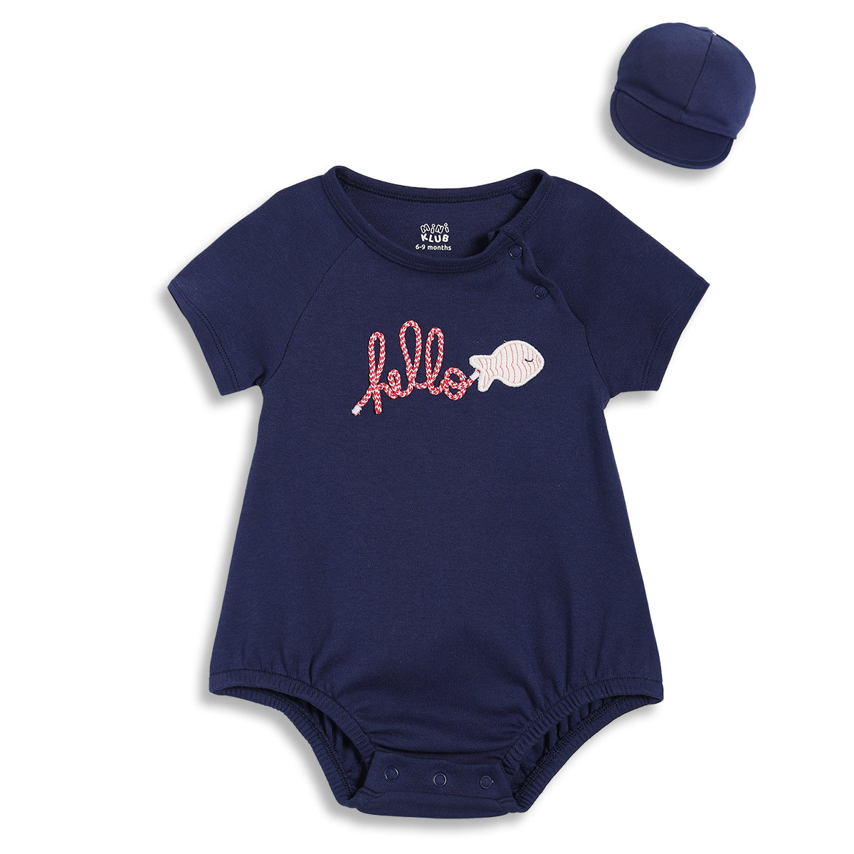 Baby Boys Embroidered Bodysuit Set with Cap, Navy Blue