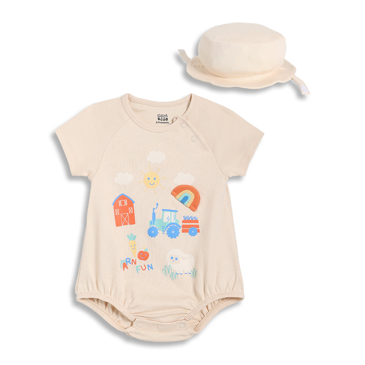 Baby Boys Printed Bodysuit with Cap, Beige