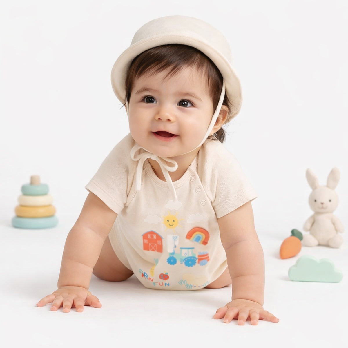 Baby Boys Printed Bodysuit with Cap, Beige
