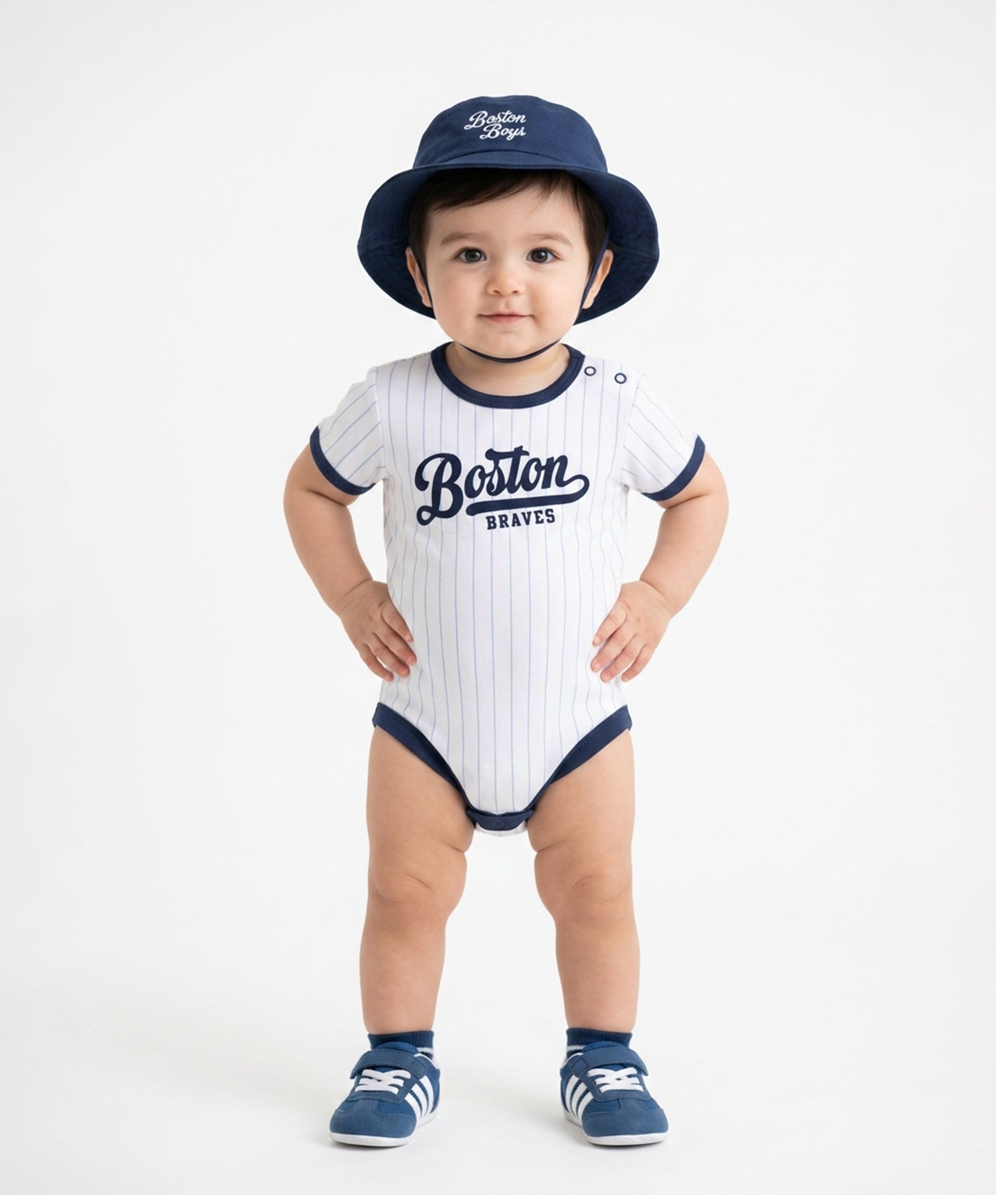 Baby Boys Boston Print Striped Romper with Hat, White and Navy