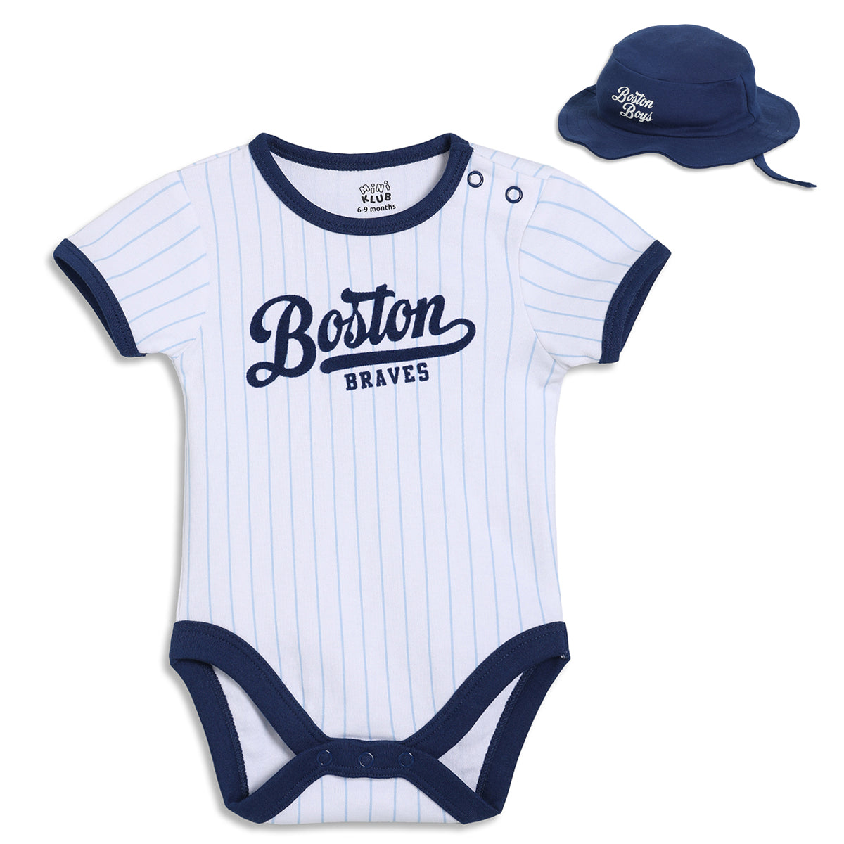 Baby Boys Boston Print Striped Romper with Hat, White and Navy