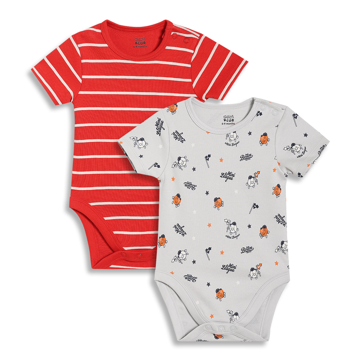 Baby Boys Striped and Printed Bodysuits Pack of 2, Red and Light Grey