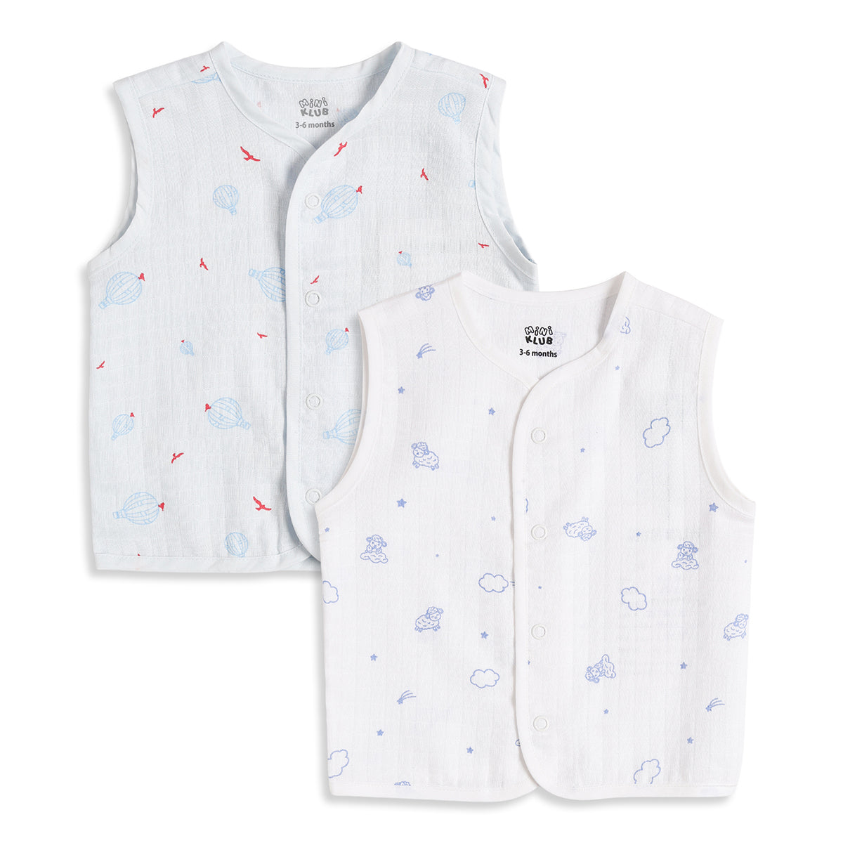 Baby Boys White Printed Front Open Sleeveless Vest Pack of 2 Regular Fit